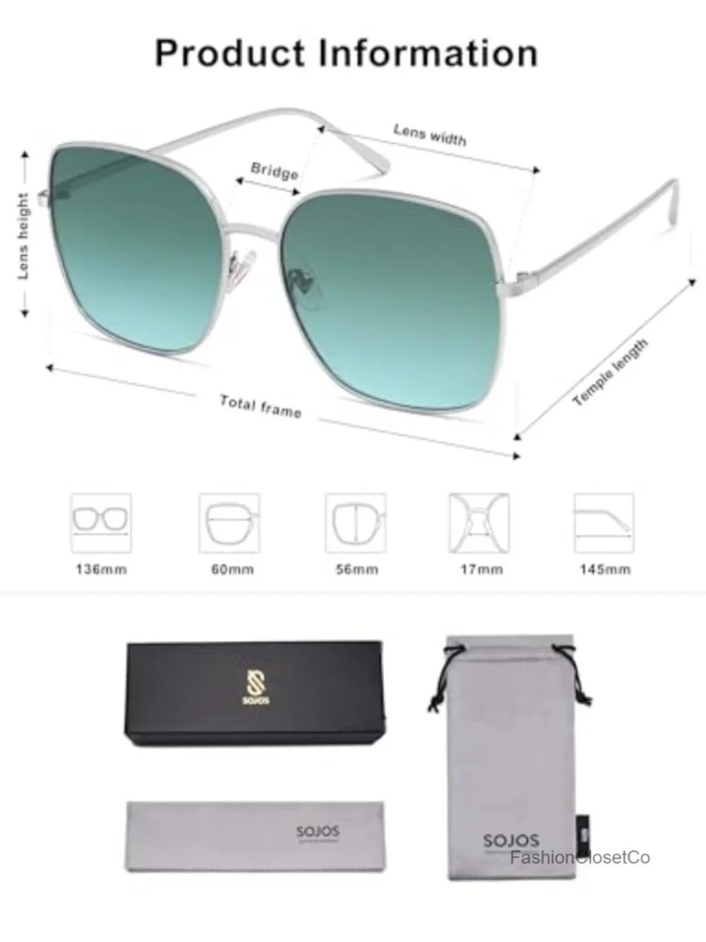 Oversized Square Metal Frame Sunglasses UV400 Protection